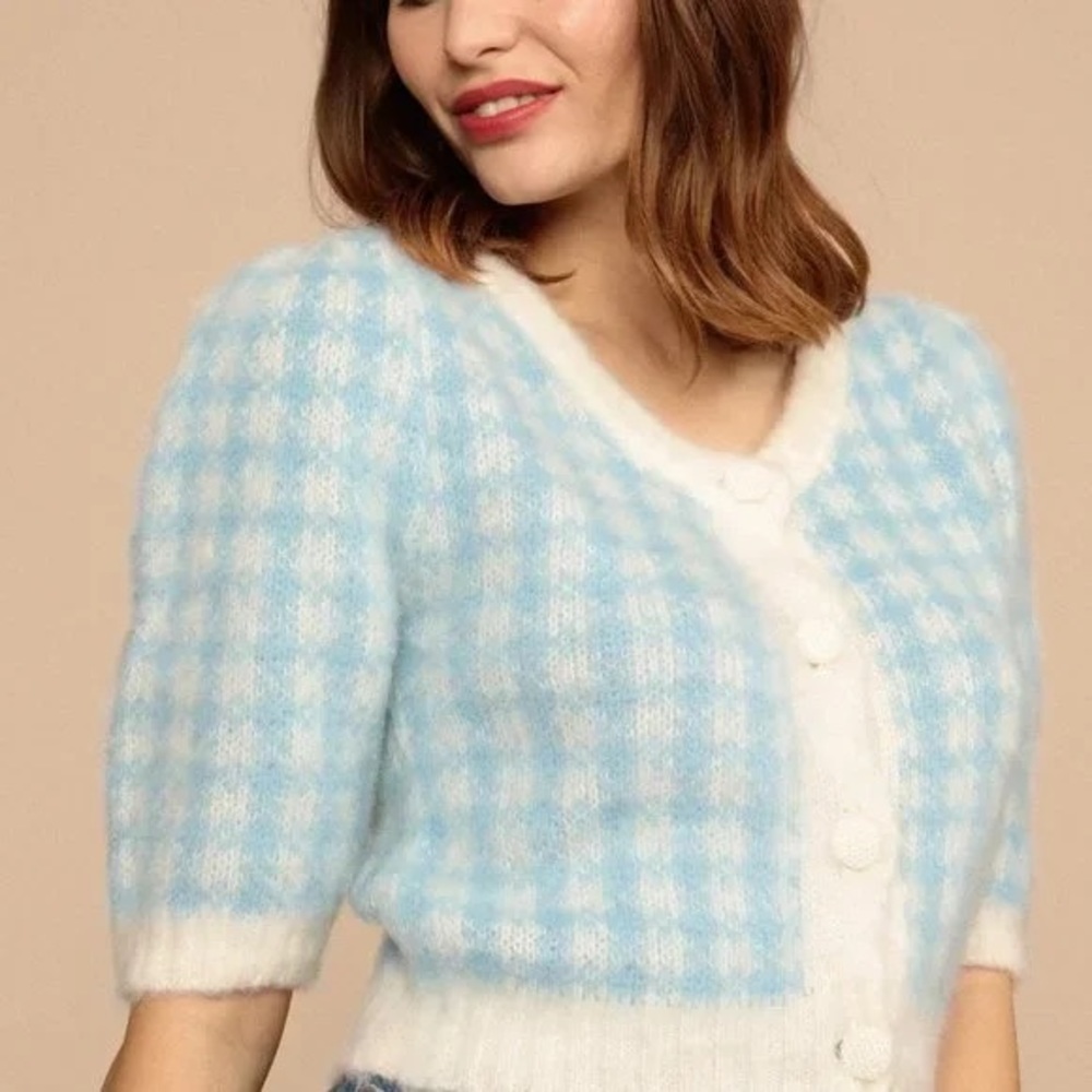 Rouje Ronny Crop Cardigan baby blue gingham Size 36 or Small